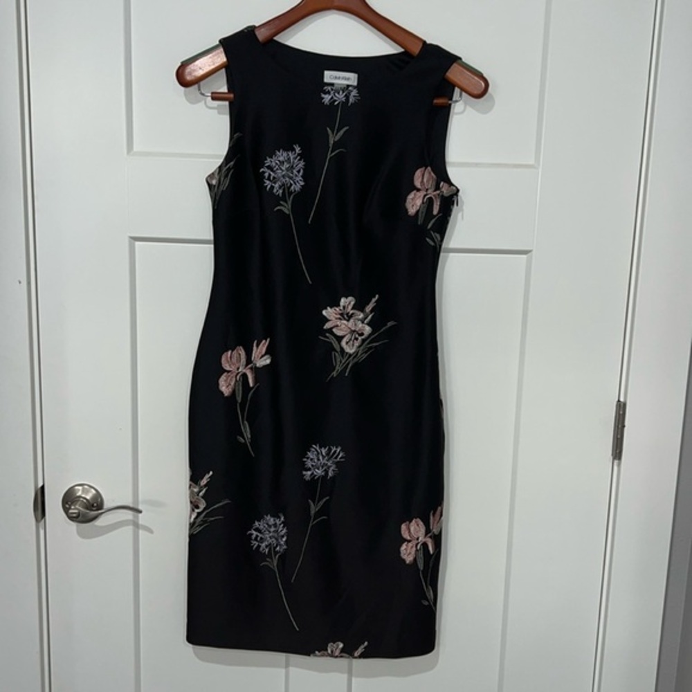 Calvin Klein Black Midi Dress with Pink Floral Embroidery